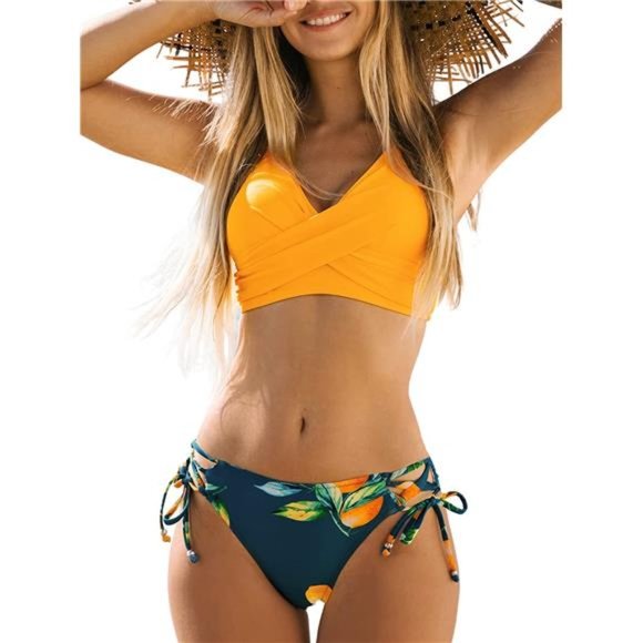 Women's Bikini Swimsuit Front Cross Lace Up Two Piece Bathing Suit - Picture 2 of 6